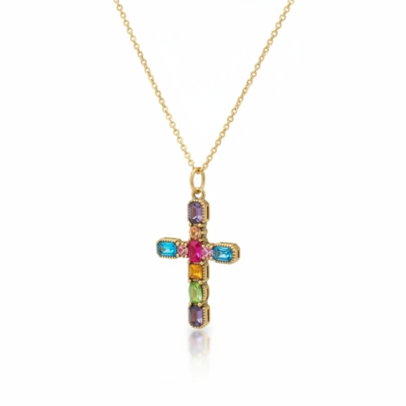 Multicolor Gemstone Cross Pendant Necklace - Picture 2 of 5
